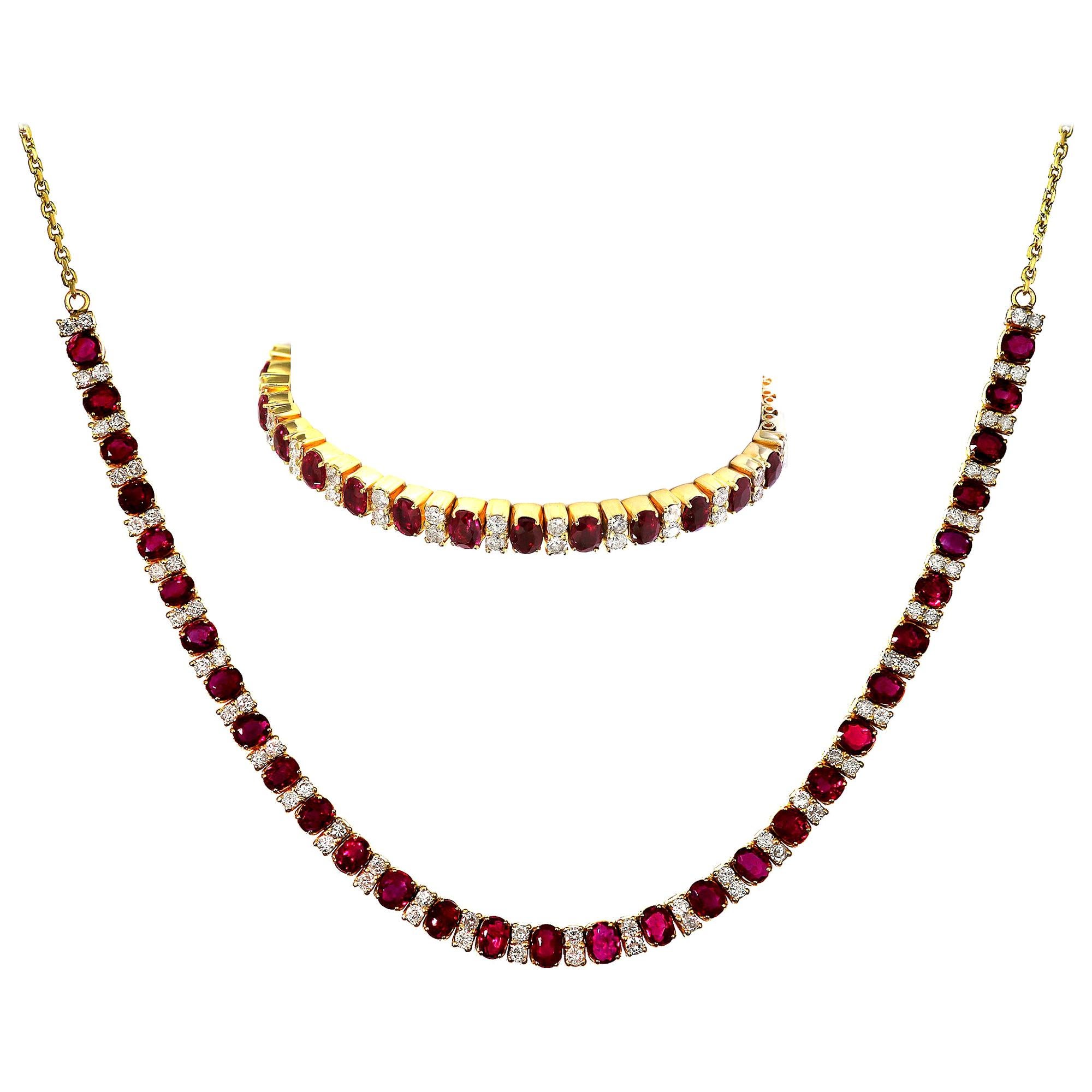 GCS-zertifizierte natürliche birmanische/Myanmar Rubin- und Diamant-Halskette und Armband 
