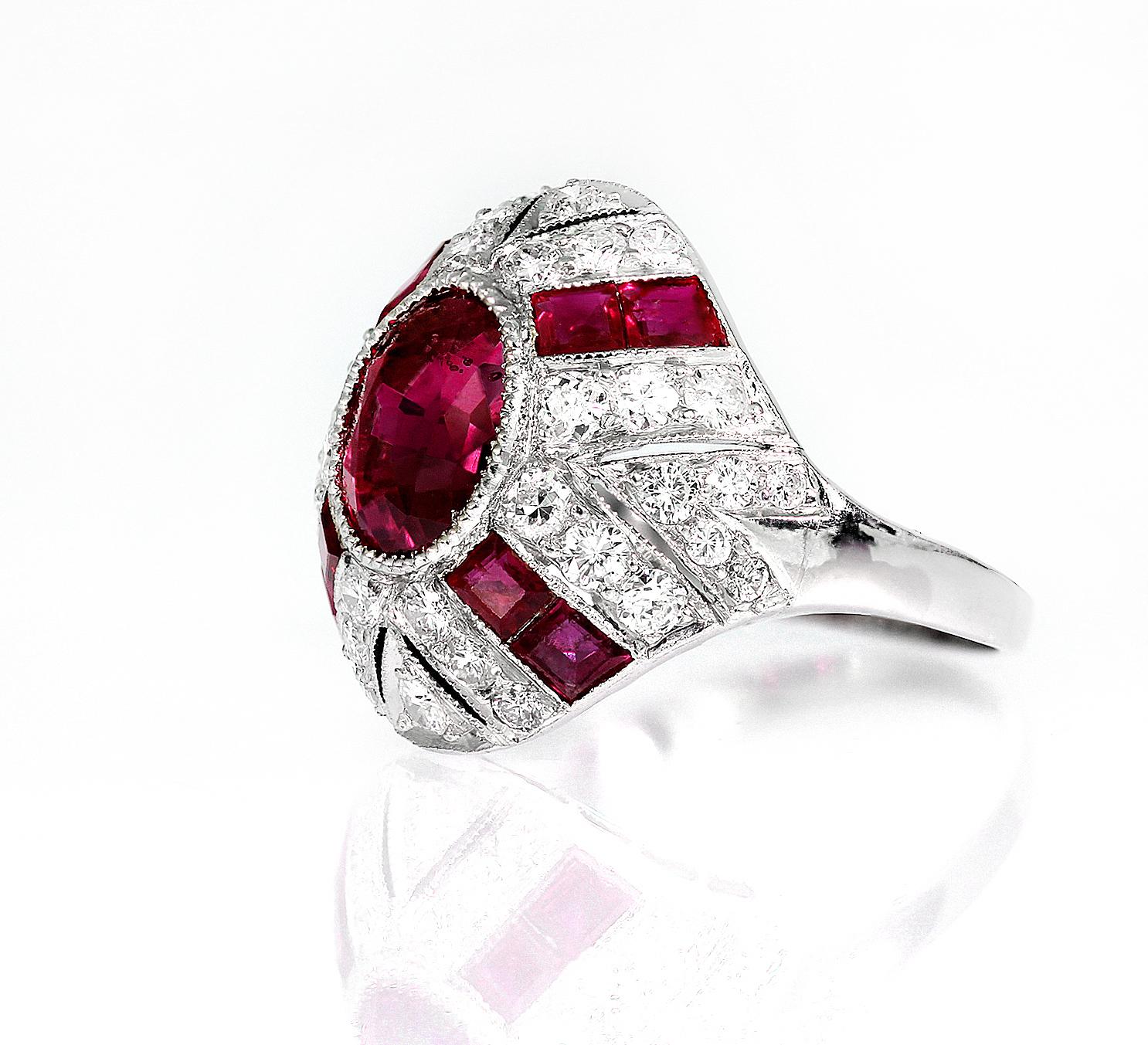 Retro GCS Certified Natural Myanmar/ Burmese Ruby 2.3 ct & Diamond Ring, Vintage 1950s For Sale