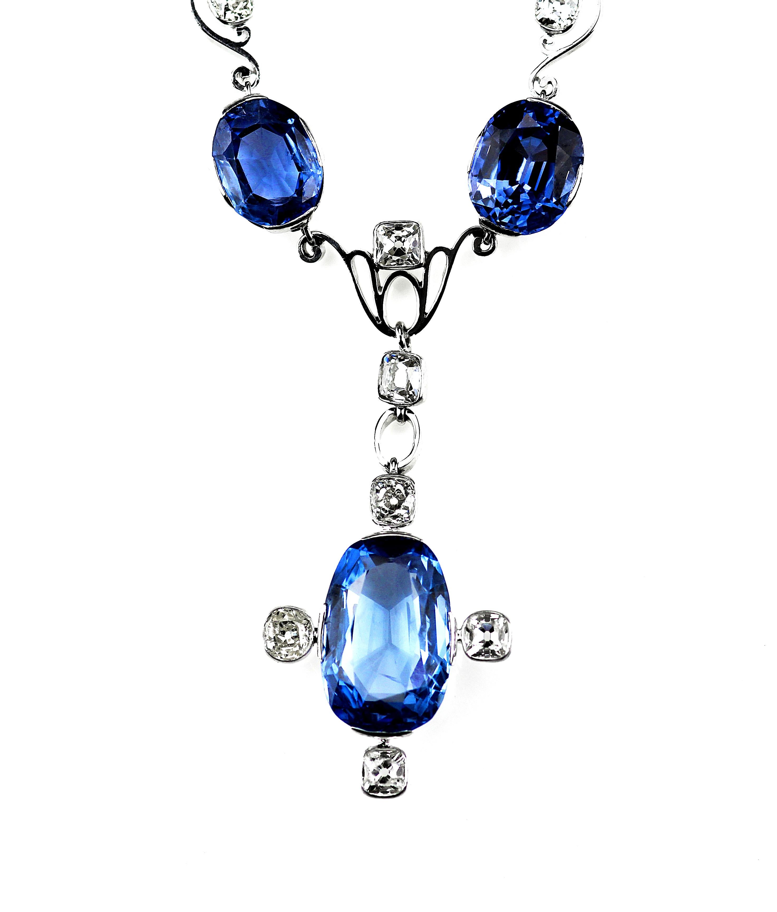 Edwardian GCS Certified Natural Sri Lanka Sapphire and Diamond Antique Necklace/Headpiece