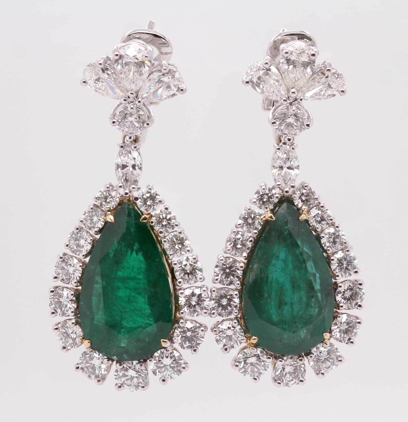 Emerald Cut GCS certified Natural Zambian Emerald & White Diamond Drop Earrings in 18K gold For Sale