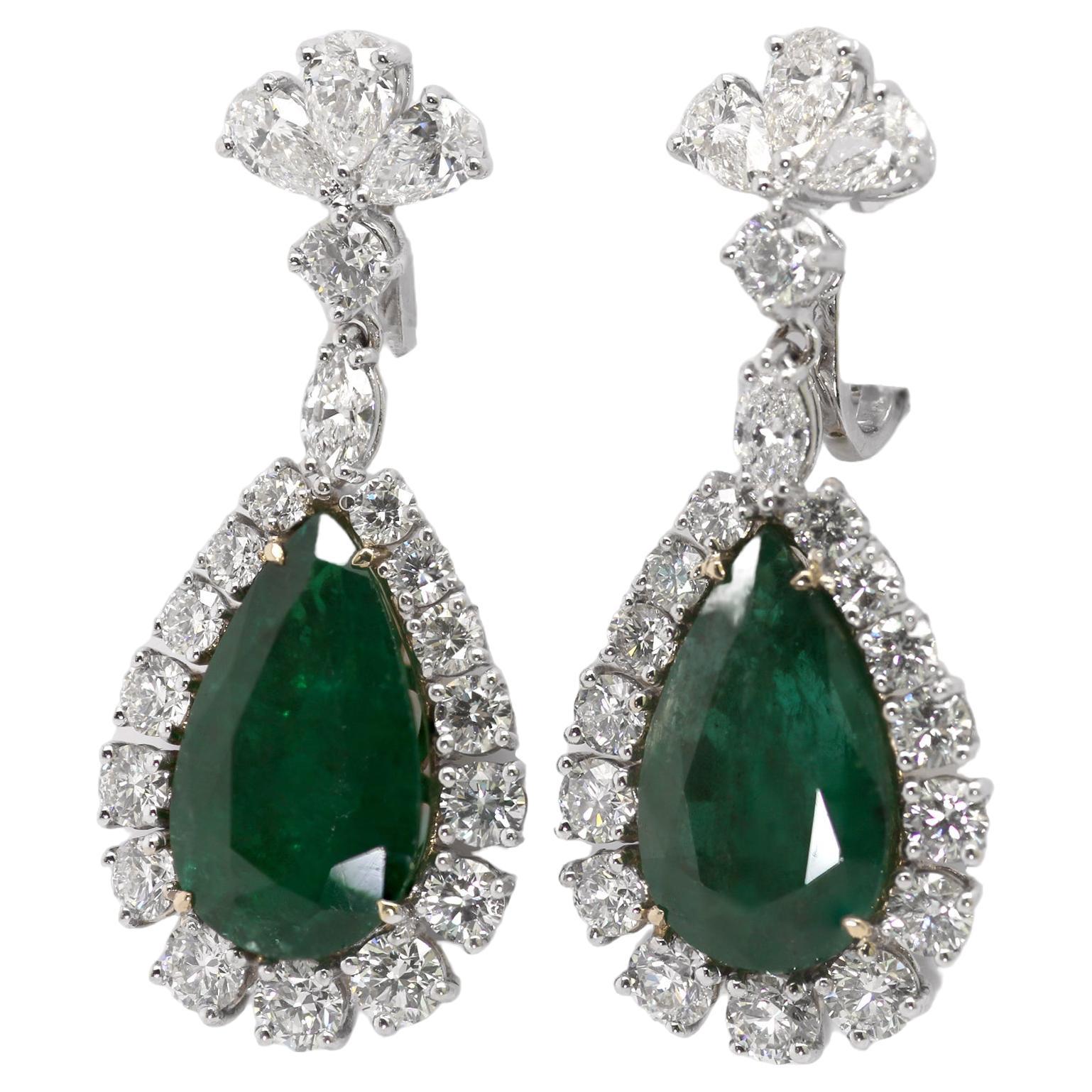 GCS certified Natural Zambian Emerald & White Diamond Drop Earrings in 18K gold For Sale