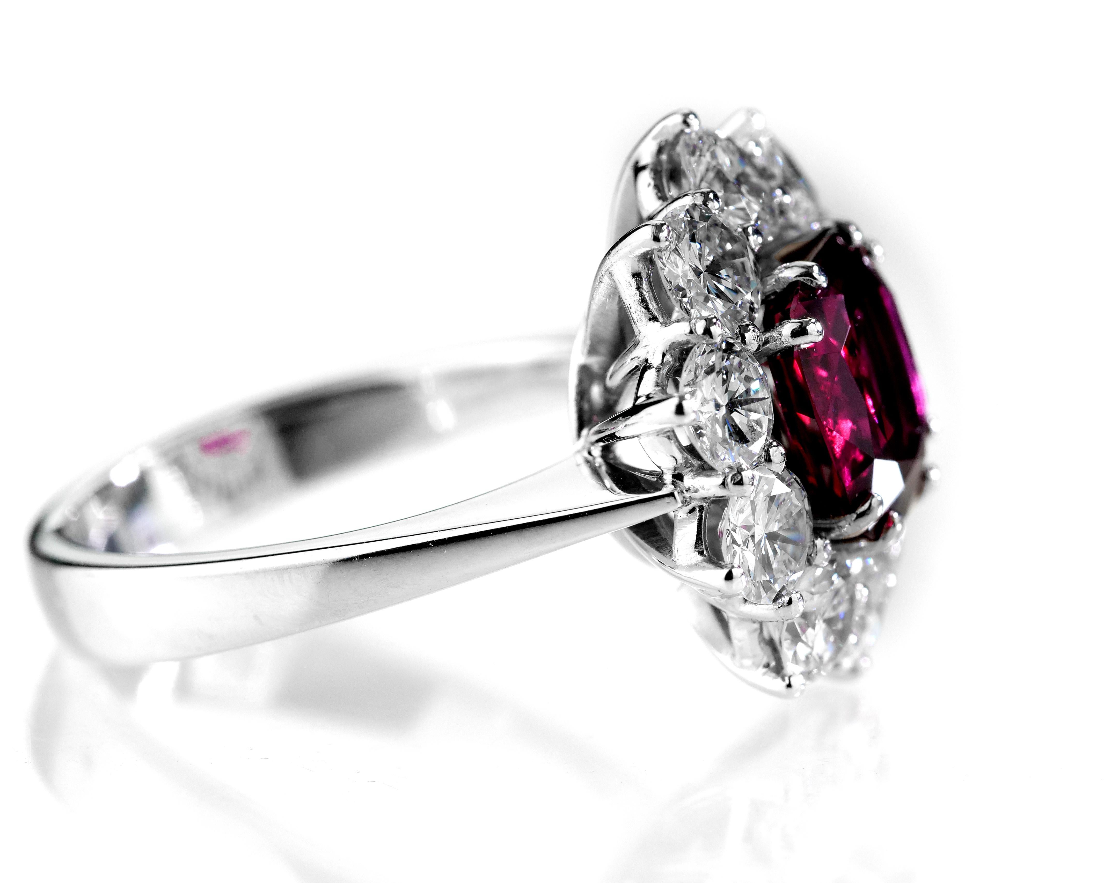Modern GCS Certified Ruby, Natural Unheated Cushion Cut with Diamonds Cluster Ring