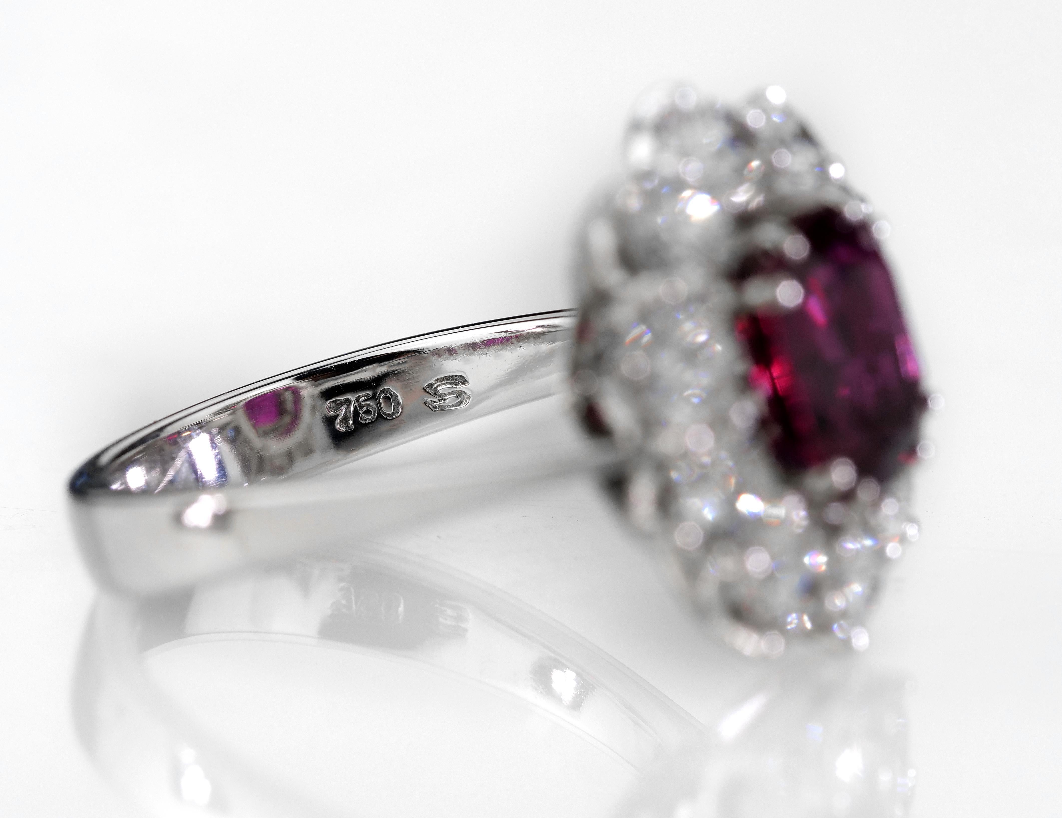GCS Certified Ruby, Natural Unheated Cushion Cut with Diamonds Cluster Ring In Excellent Condition In London, GB