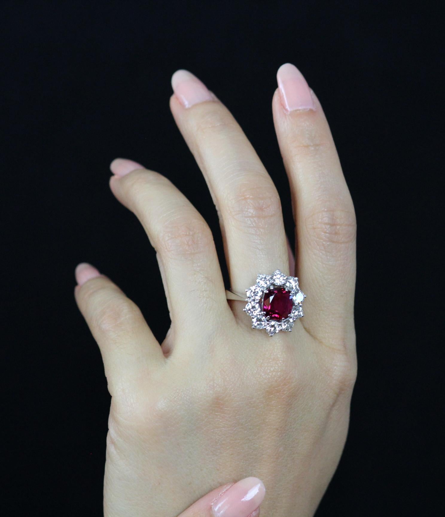GCS Certified Ruby, Natural Unheated Cushion Cut with Diamonds Cluster Ring 2