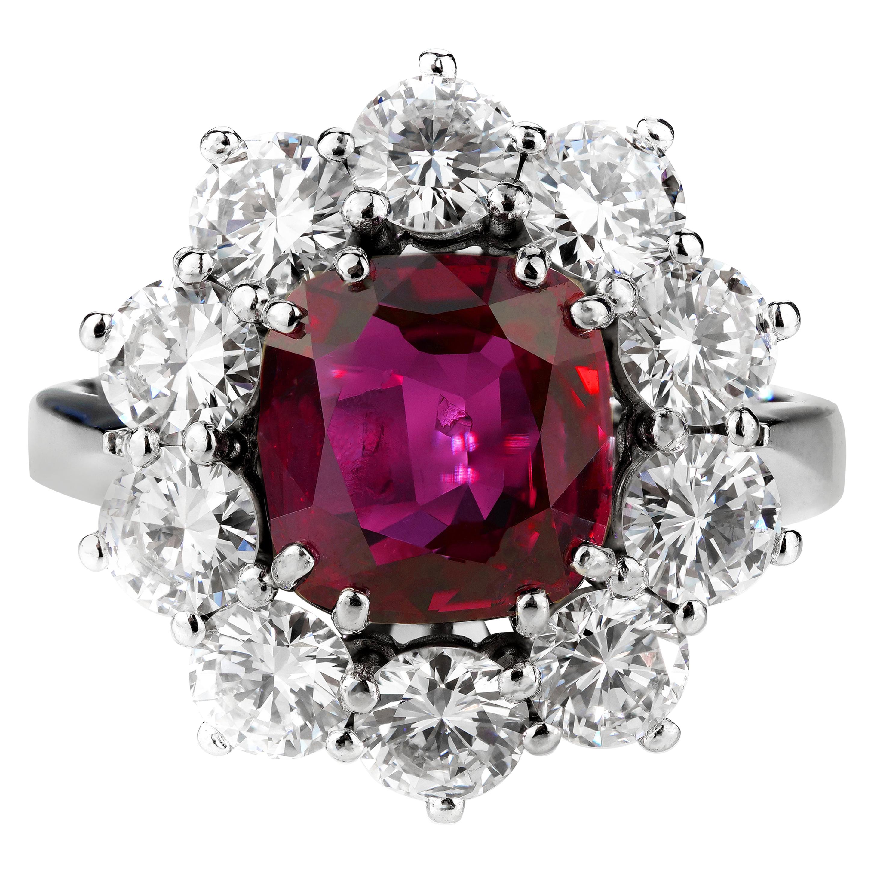 GCS Certified Ruby, Natural Unheated Cushion Cut with Diamonds Cluster Ring