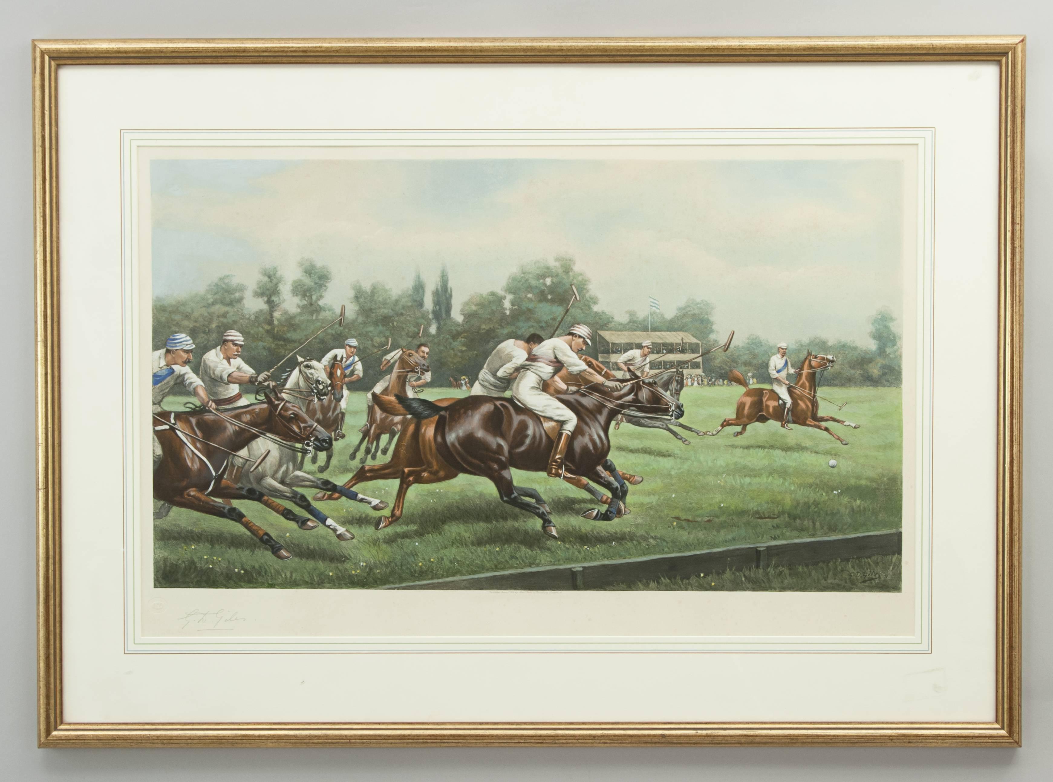 Polo at Hurlingham.
Large Polo picture 'Polo at Hurlingham' signed G.D. Giles. This is an original hand colored photogravure, only 100 signed proofs were issued. Published June 1st 1904 by Messrs Fores, 41 Piccadilly, London, W.
The picture by
