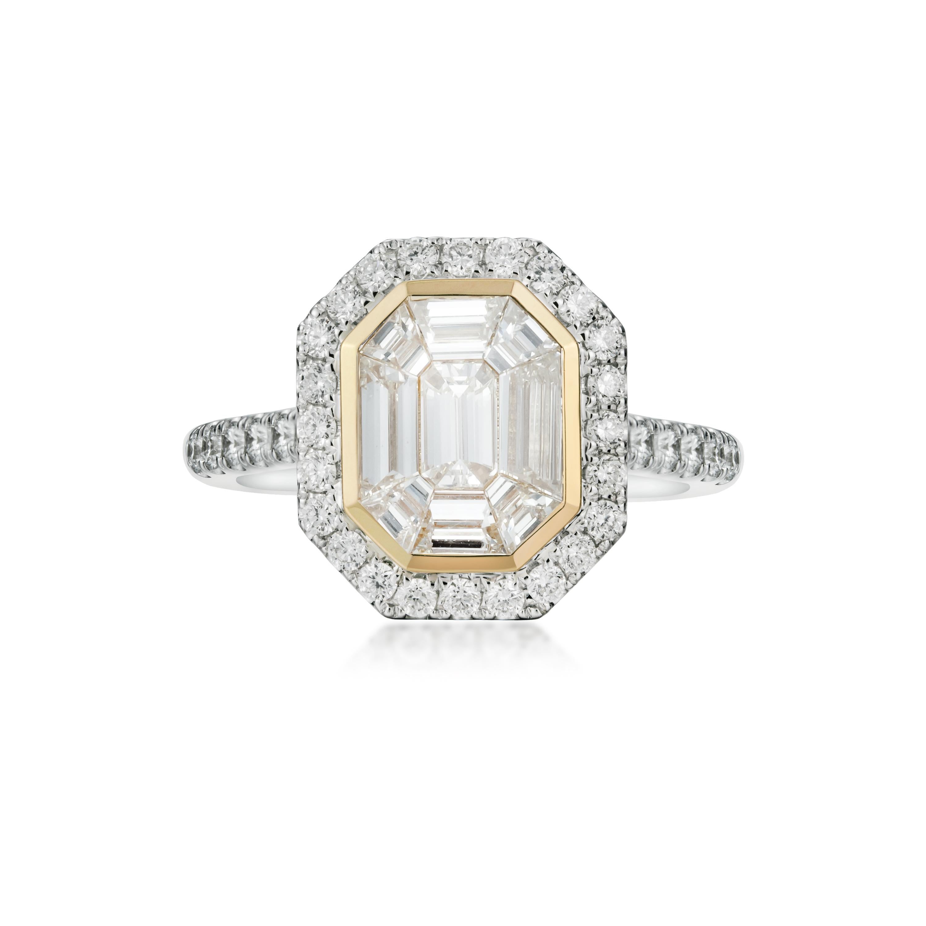 Introducing an exquisite 18K White Gold Ring that exemplifies luxury and sophistication. The centerpiece of this stunning ring is a 0.87ct Pie-Cut Emerald Shape Diamond, meticulously crafted to create a dazzling effect that captures the light from