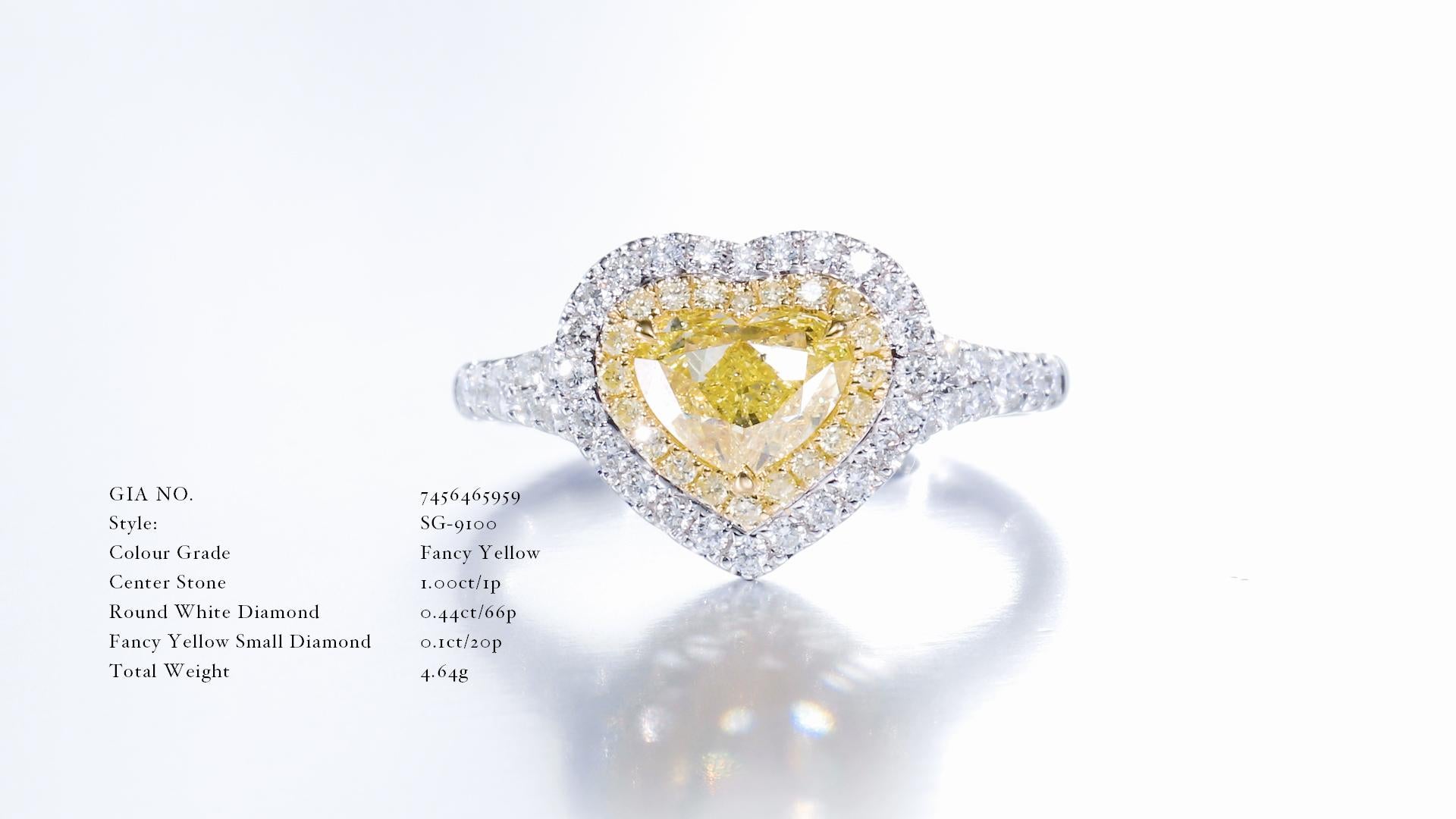 GDP's GIA zertifizierter, 1,00ct Ausgefallener gelber herzförmiger Diamantring in Herzform mit natürlicher Farbe im Zustand „Neu“ im Angebot in Hong Kong, HK