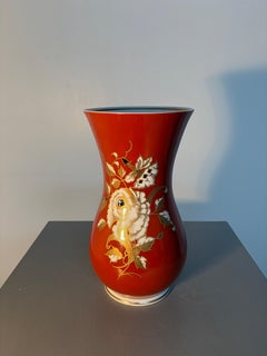 GDR Goldrelief Hand-Painted Red Porcelain Vase with Floral Design