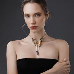 GEA 18K Yellow Gold Diamond, Green Diamond, Sapphire and Tanzanite Necklace