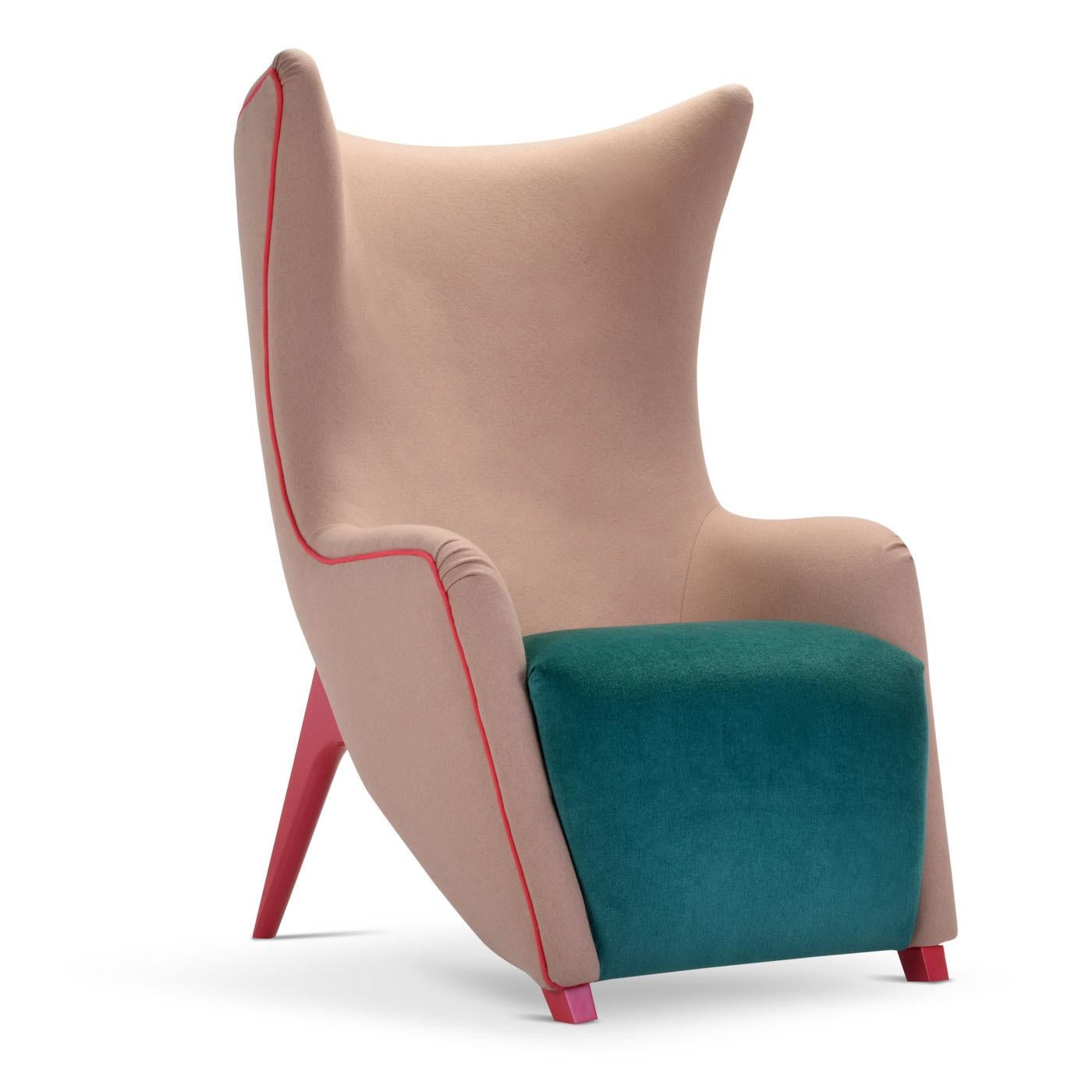 A contemporary interpretation of 18th century bergère style, this armchair is pure design and creativity. The legs in painted beech wood are available in various finishes. The body, with its slender and enveloping shape, here in the two-tone version