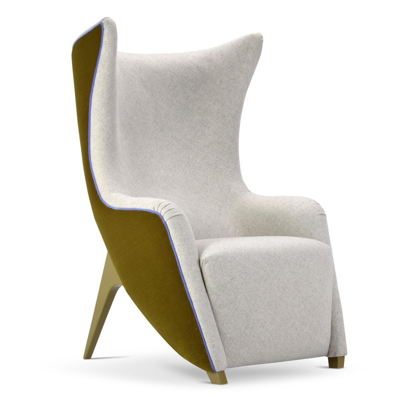 The armchair with wings returns with a futuristic look and cabriole legs, available in various types of wood. With a slender and enveloping form, the color is customizable with a choice of white, yellow, orange, red, purple, pink, gray, pale blue,