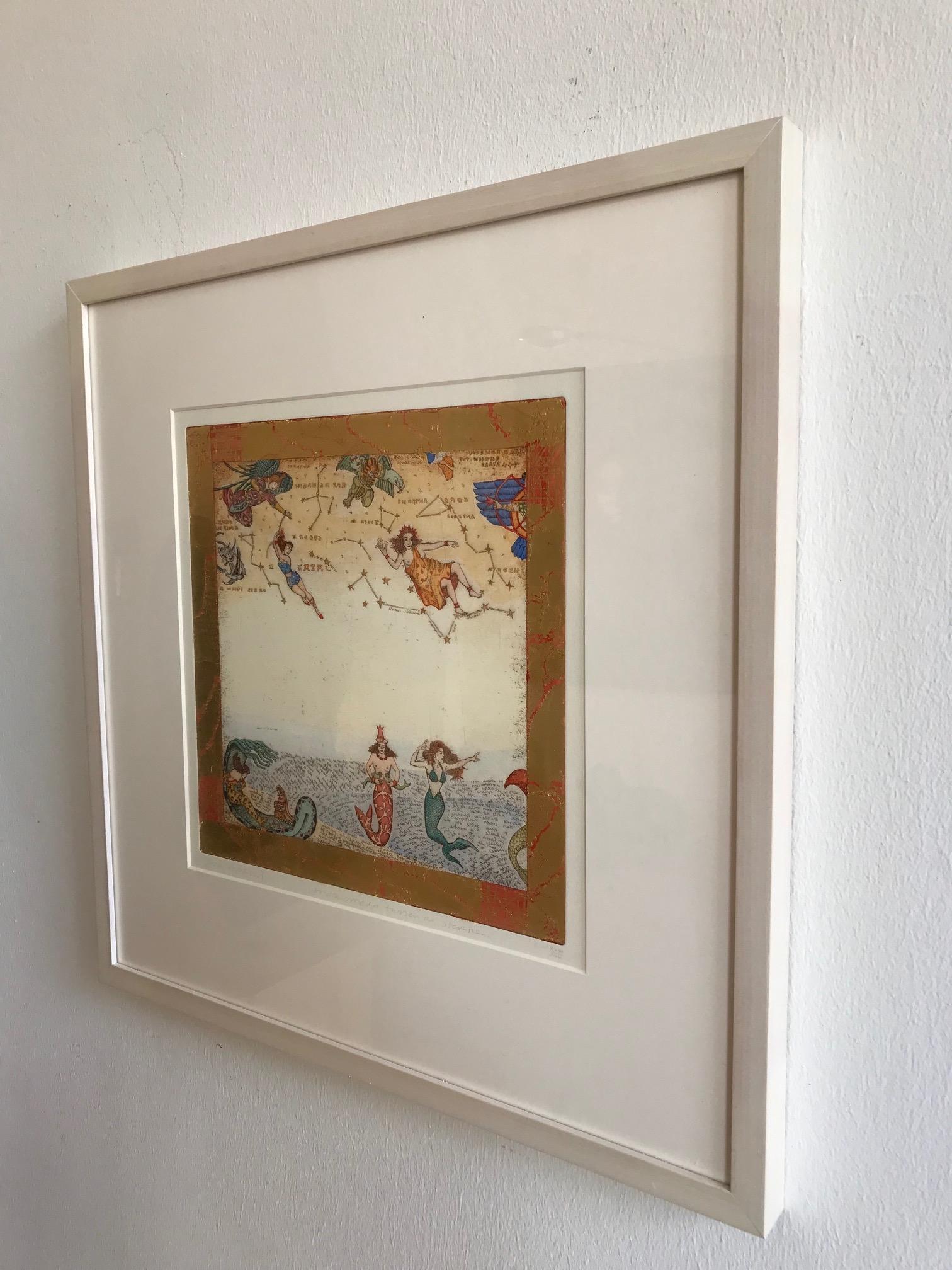 ''Andromeda between the Stars'' Hand-colored etching with Gold Leaf, Disney - Brown Figurative Print by Gea Karhof