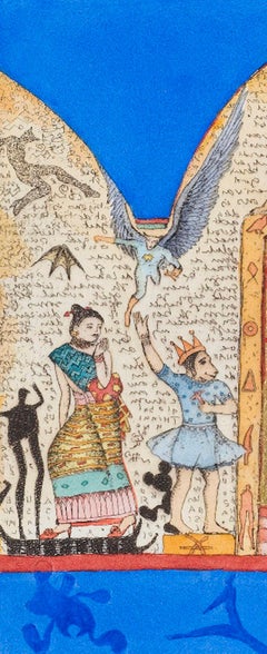 ''Global Thinking'' Blue Hand-colored etching with Gold Leaf, East meets West