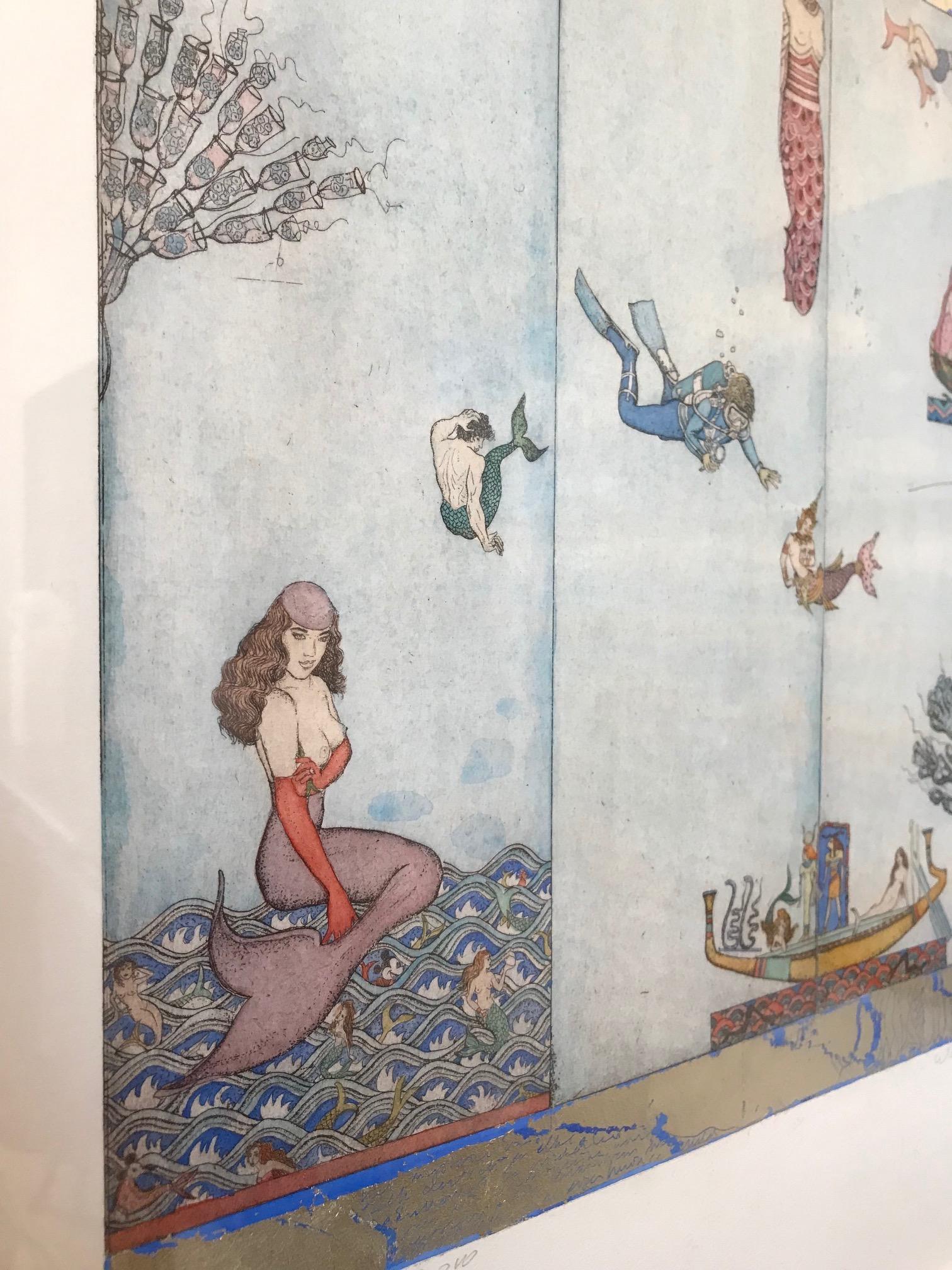 ''Panta Rhei'' Hand-colored etching with White Gold Leaf, Mermaids, Disney - Print by Gea Karhof