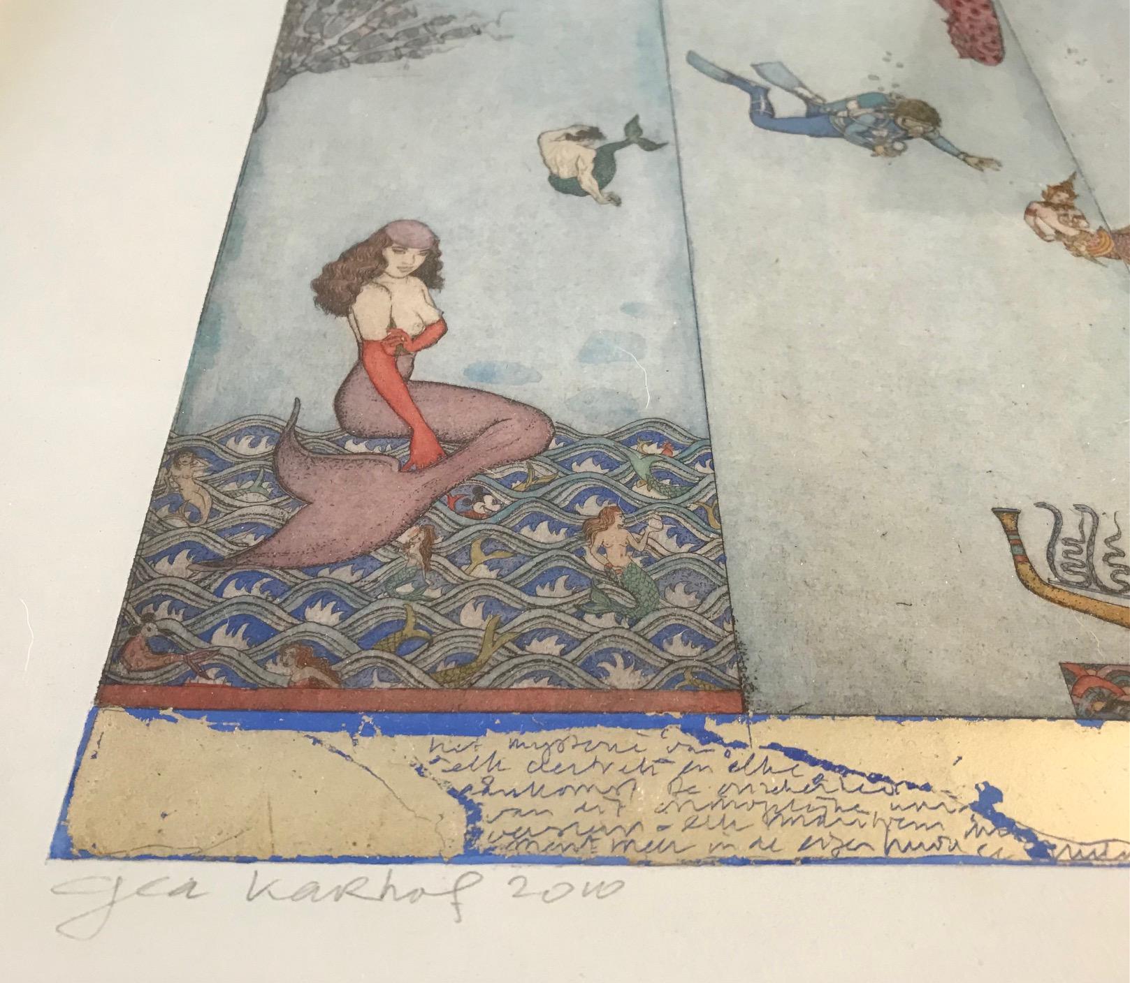 ''Panta Rhei'' Hand-colored etching with White Gold Leaf, Mermaids, Disney For Sale 2