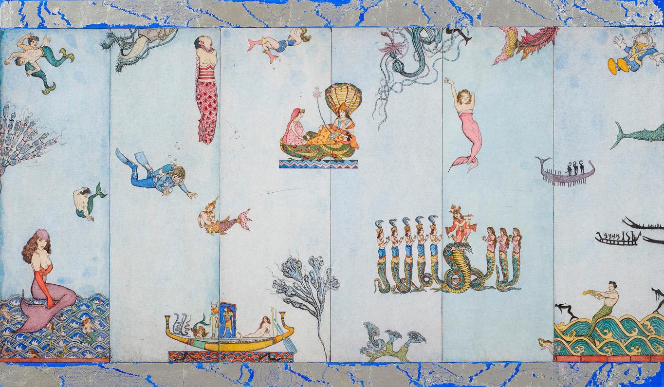 Gea Karhof Figurative Print – „Panta Rhei“ Handkolorierte Radierung mit Weißgoldblatt, Meerjungfrauen, Disney