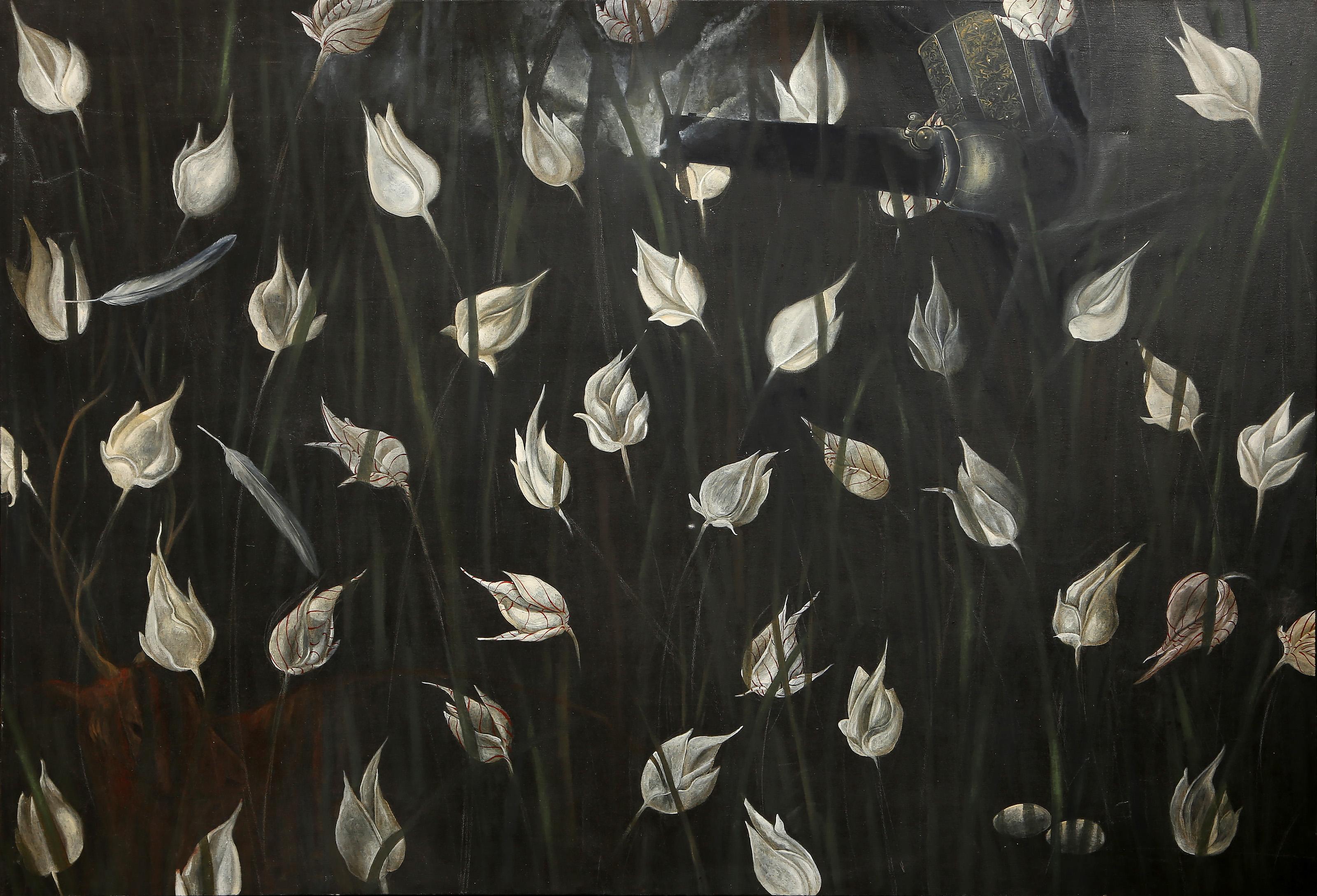 Geandy Pavon, cubana (1974 - ) - Caceria, Anno:  2000, Medio:  Olio e tempera su tela, firmato, intitolato e datato a inchiostro sul verso, Dimensioni:  42 x 60 in. (106.68 x 152.4 cm)
