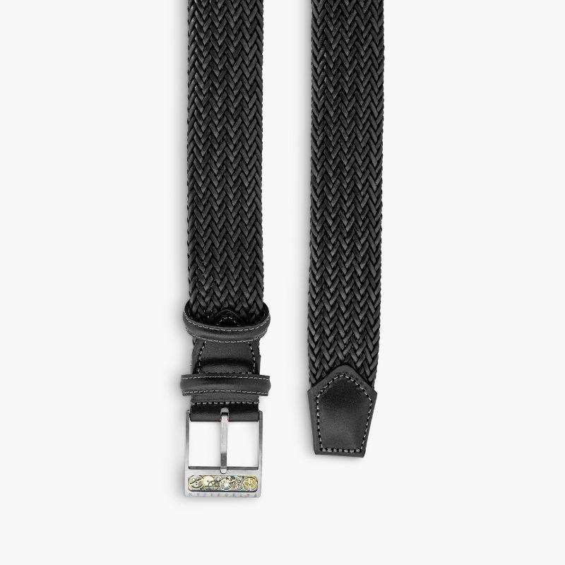 Gear Buckle Belt in Woven Black Leather & Brushed Titanium Clasp, Size S

Our unique collection of belt buckles has been designed with every gentleman in mind. For the more adventurous gentleman, this unique titanium buckle features an inlay of