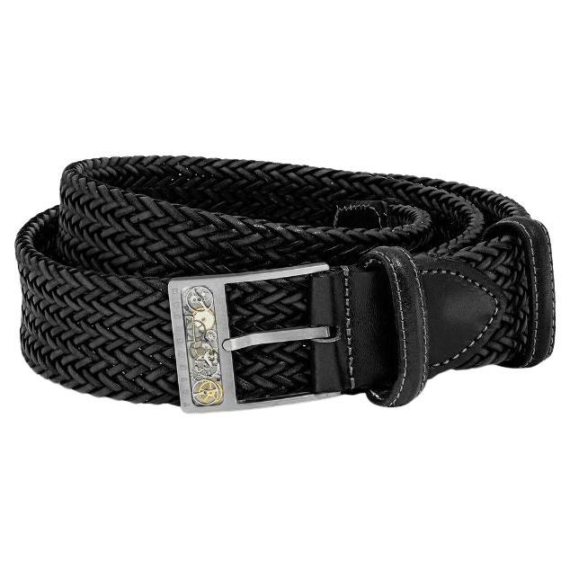 Gear Buckle Belt in Woven Black Leather & Brushed Titanium Clasp, Size S
