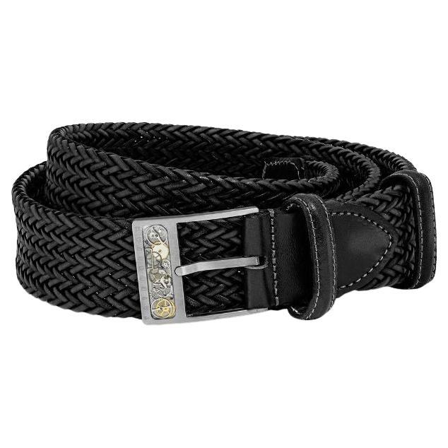 Gear-Schnalle-Gürtel aus gewebtem schwarzem Leder und gebürstetem Titanverschluss, Größe S im Angebot