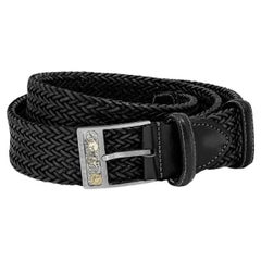 Gear Buckle Belt in Woven Black Leather & Brushed Titanium Clasp, Size S