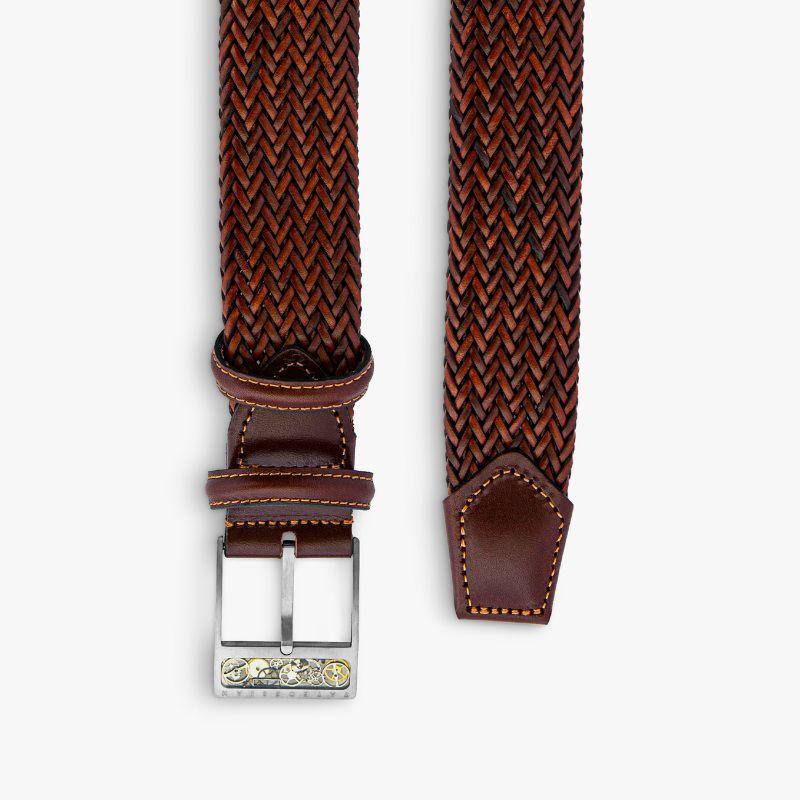 Gear Buckle Belt in Woven Brown Leather & Brushed Titanium Clasp, Size S

Our unique collection of belt buckles has been designed with every gentleman in mind. For the more adventurous gentleman, this unique titanium buckle features an inlay of