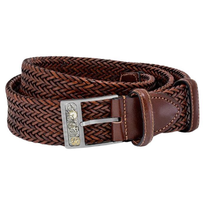 Gear Buckle Belt in Woven Brown Leather & Brushed Titanium Clasp, Size S
