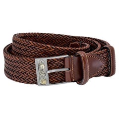 Ceinture à boucle en cuir marron tissé et fermoir en titane brossé, taille S