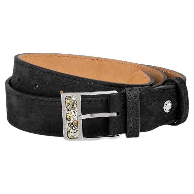 Gear T-Buckle Belt in Black Leather & Brushed Titanium Clasp, Size S For Sale