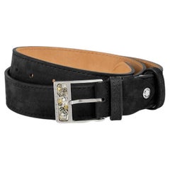 Gear T-Buckle Belt in Black Leather & Brushed Titanium Clasp, Size S