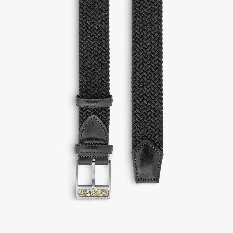 Gear T-Buckle Belt in Black Rayon and Leather & Brushed Titanium Clasp, Size S

Our unique collection of belt buckles has been designed with every gentleman in mind. For the more adventurous gentleman, this unique titanium buckle features an inlay