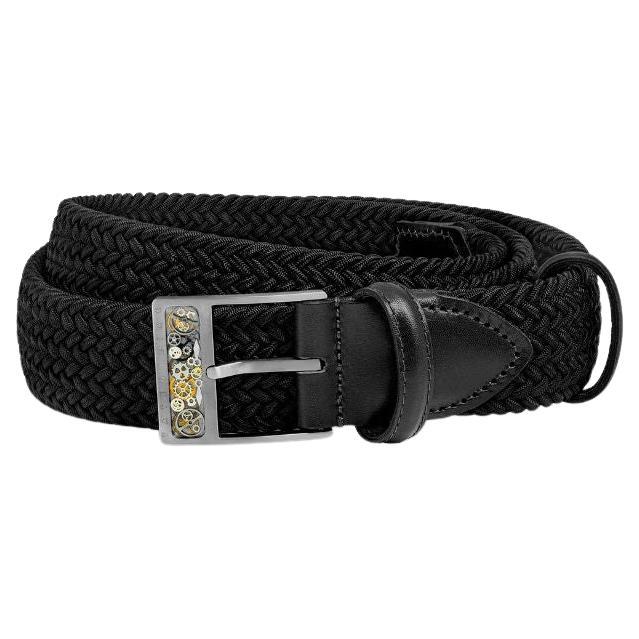 Gear T-Buckle Belt in Black Rayon and Leather & Brushed Titanium Clasp, Size S
