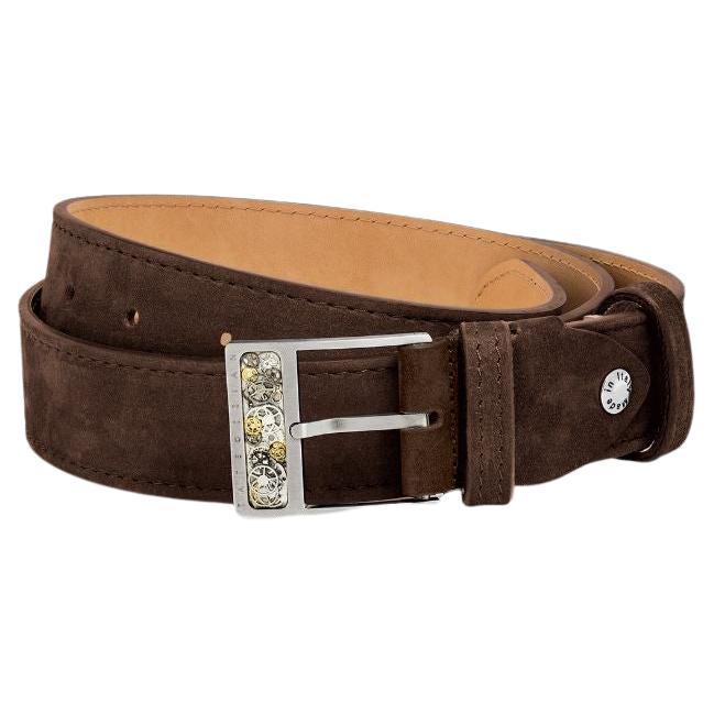 Gear T-Buckle Belt in Brown Leather & Brushed Titanium Clasp, Size S