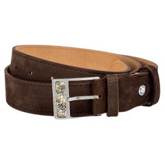 Gear T-Buckle Belt in Brown Leather & Brushed Titanium Clasp, Size S