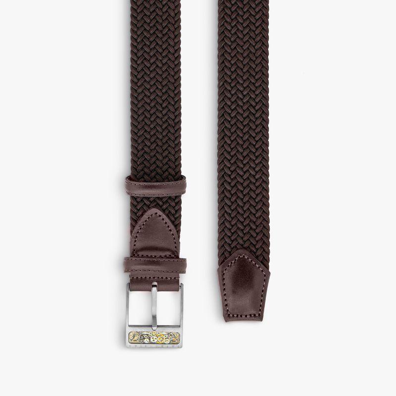 Gear T-Buckle Belt in Brown Rayon and Leather & Brushed Titanium Clasp, Size M

Our unique collection of belt buckles has been designed with every gentleman in mind. For the more adventurous gentleman, this unique titanium buckle features an inlay