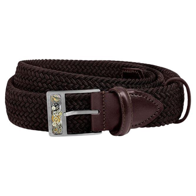 Gear T-Buckle Belt in Brown Rayon and Leather & Brushed Titanium Clasp, Size S