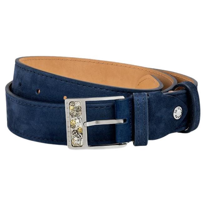 Gear T-Buckle Belt in Navy Leather & Brushed Titanium Clasp, Size S For Sale