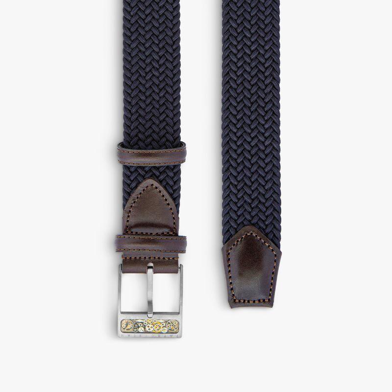 Gear T-Buckle Belt in Navy Rayon and Leather & Brushed Titanium Clasp, Size M

Our unique collection of belt buckles has been designed with every gentleman in mind. For the more adventurous gentleman, this unique titanium buckle features an inlay of