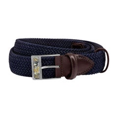 Cintura con fibbia a T di Gear in rayon e pelle blu navy e fibbia in titanio spazzolato, taglia M.