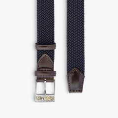 Gear T-Buckle Belt in Navy Rayon and Leather & Brushed Titanium Clasp, Size S