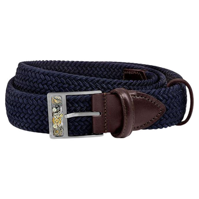 Gear T-Buckle Belt in Navy Rayon and Leather & Brushed Titanium Clasp, Size S For Sale