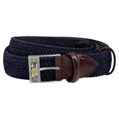 Gear T-Buckle Belt in Navy Rayon and Leather & Brushed Titanium Clasp, Size S