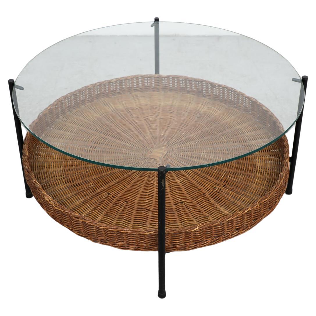 Modernist Two Tiered Round Coffee Table with Rattan Basket at 1stDibs