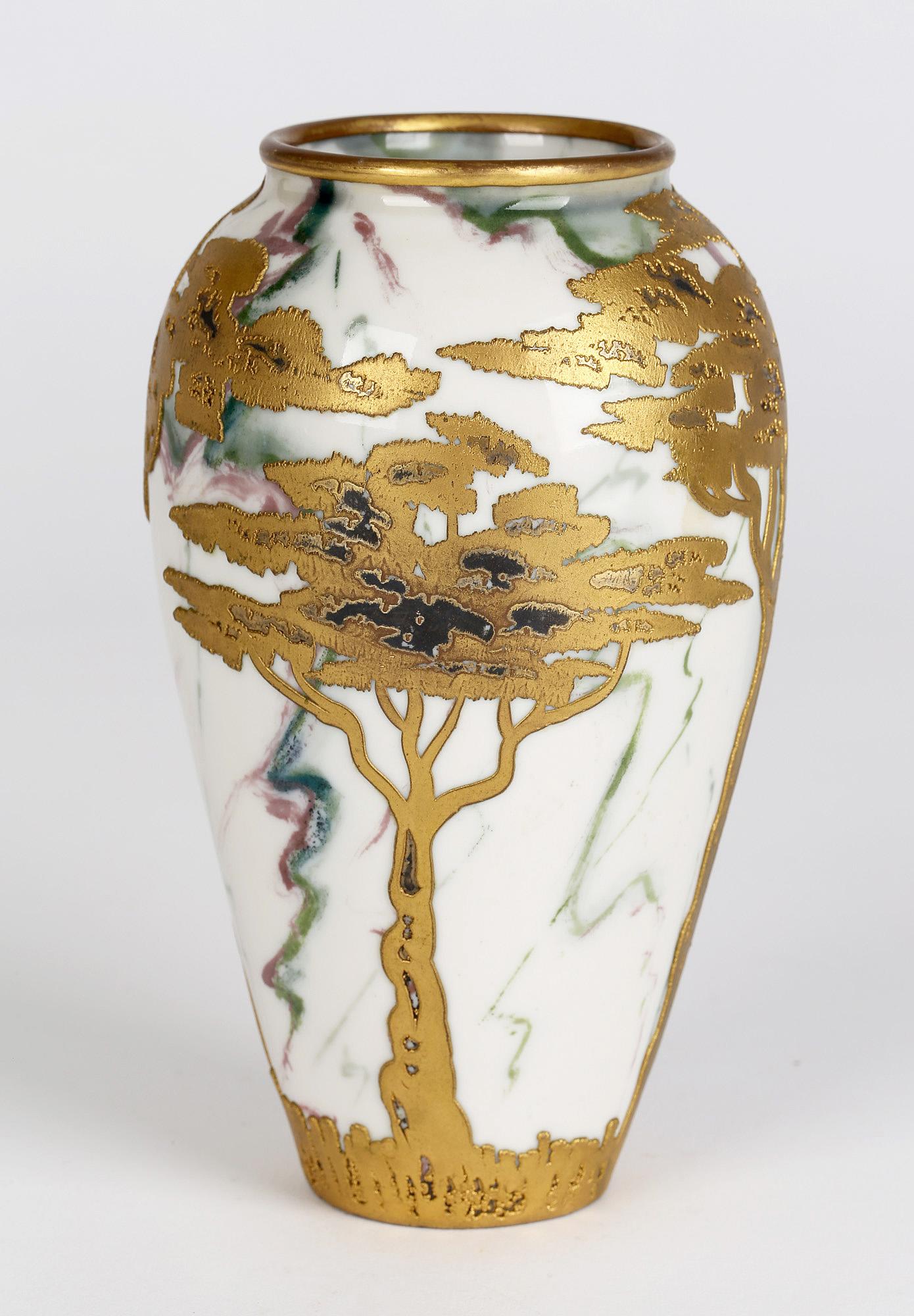 Gebrüder Heubach German Art Nouveau Gilded Trees Overlaid Porcelain Vase 5