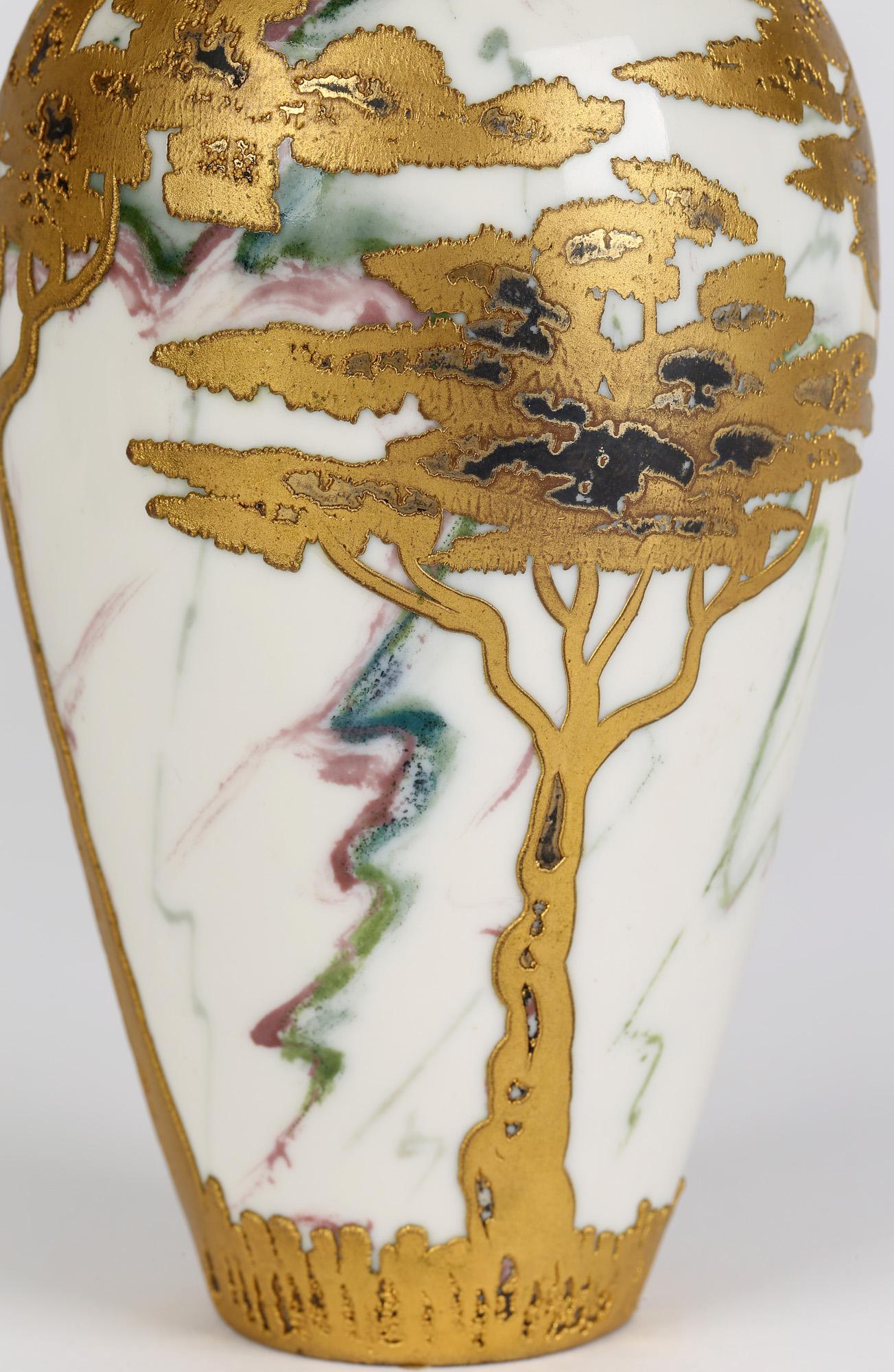 Gebrüder Heubach German Art Nouveau Gilded Trees Overlaid Porcelain Vase 6