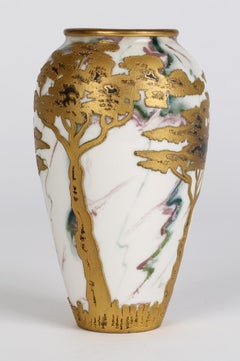 Gebrüder Heubach German Art Nouveau Gilded Trees Overlaid Porcelain Vase