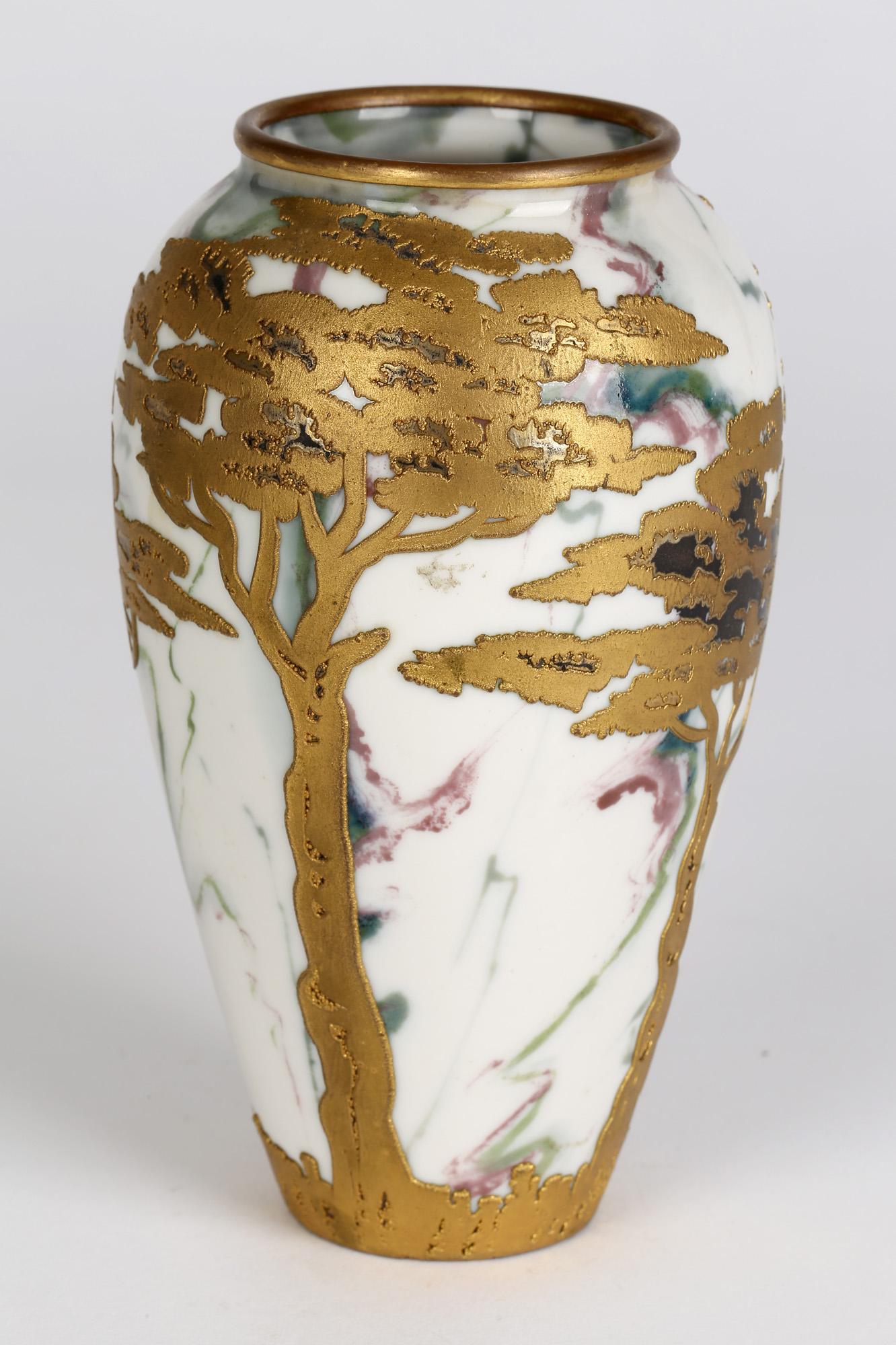Appliqué Gebrüder Heubach German Art Nouveau Gilded Trees Overlaid Porcelain Vase