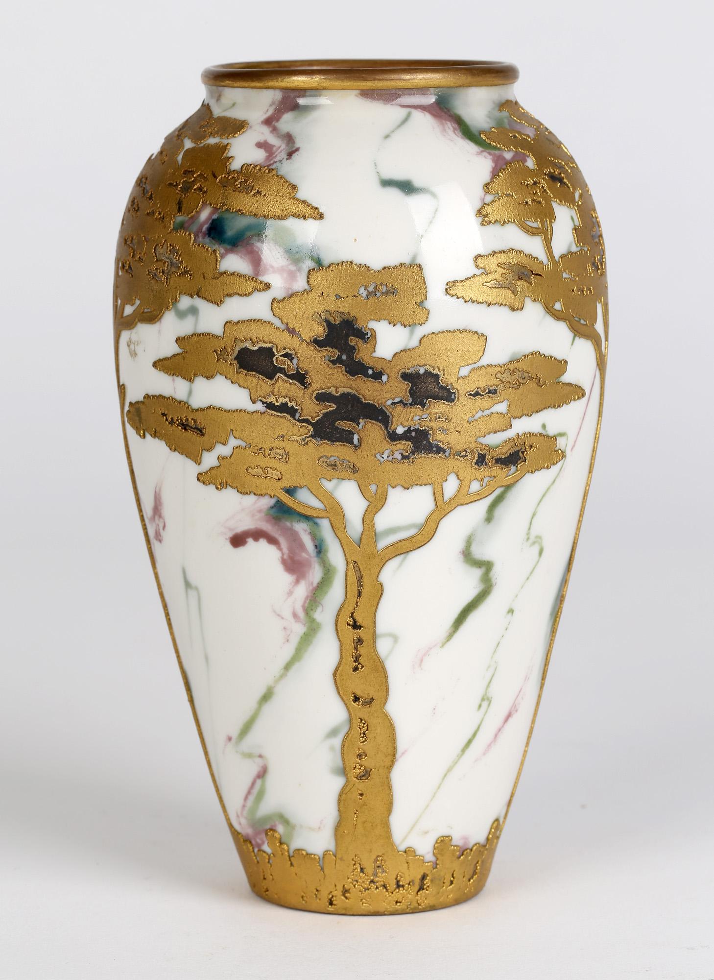 Gebrüder Heubach German Art Nouveau Gilded Trees Overlaid Porcelain Vase 1