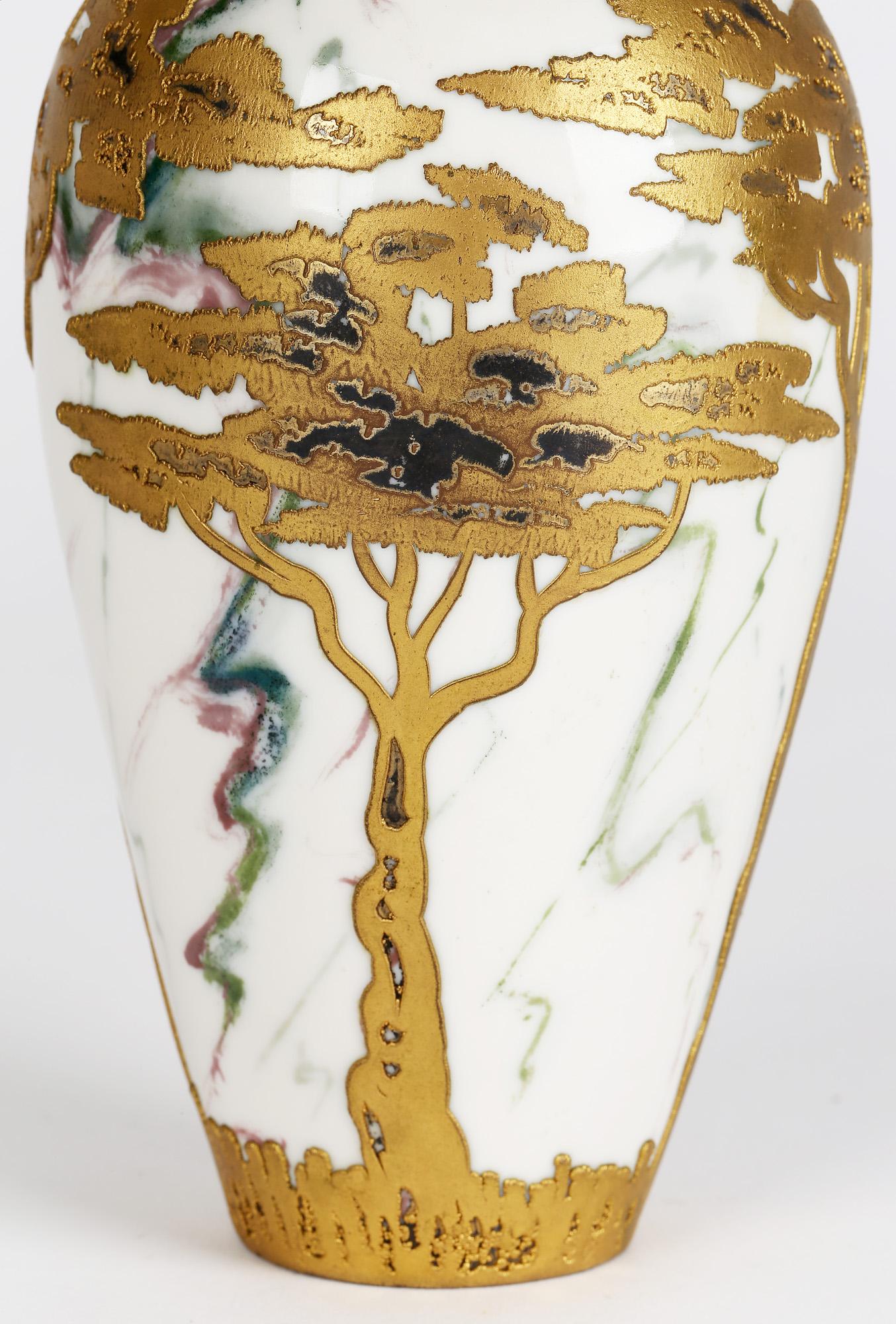 Gebrüder Heubach German Art Nouveau Gilded Trees Overlaid Porcelain Vase 2